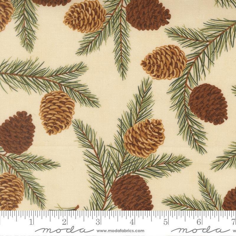 Image of Northwoods Lodge Pinecones Natural quilting cotton fabric by Deb Strain for Moda Fabrics. Features plants on a cream background. Cute Little Fabric Shop.
