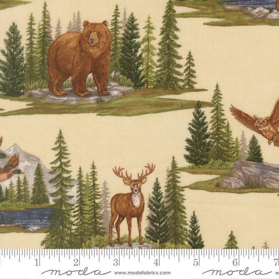 Image of Northwoods Lodge Allover Natural quilting cotton fabric by Deb Strain for Moda Fabrics. Features forests and animals on a cream background. Cute Little Fabric Shop.