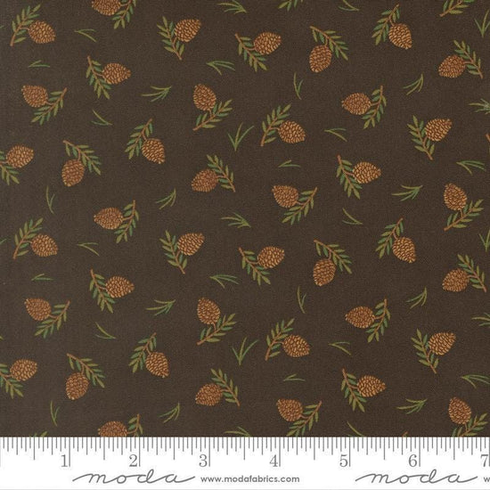 Image of Northwoods Lodge Tossed Pinecones Soil quilting cotton fabric by Deb Strain for Moda Fabrics. Features plants on a brown background. Cute Little Fabric Shop.