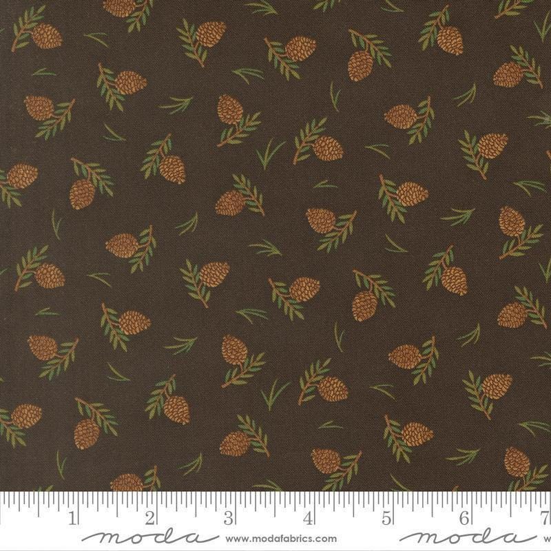Image of Northwoods Lodge Tossed Pinecones Soil quilting cotton fabric by Deb Strain for Moda Fabrics. Features plants on a brown background. Cute Little Fabric Shop.