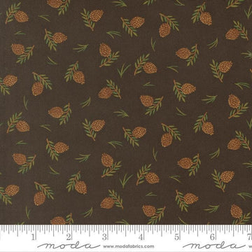 Image of Northwoods Lodge Tossed Pinecones Soil quilting cotton fabric by Deb Strain for Moda Fabrics. Features plants on a brown background. Cute Little Fabric Shop.