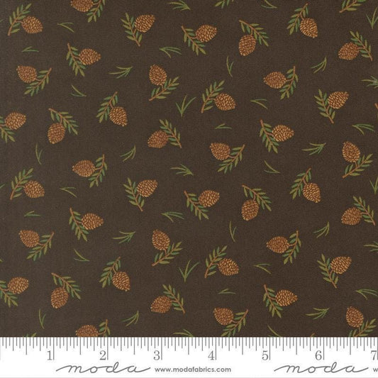 Image of Northwoods Lodge Tossed Pinecones Soil quilting cotton fabric by Deb Strain for Moda Fabrics. Features plants on a brown background. Cute Little Fabric Shop.