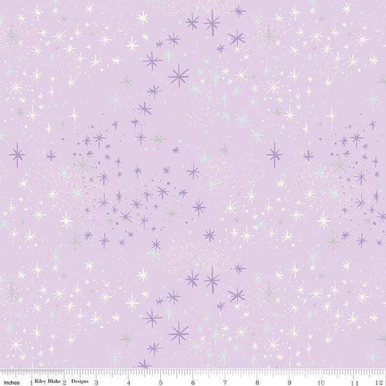 Image of Wishes Magic Vanity Sparkle quilting cotton fabric by Jill Howarth for Riley Blake Designs. Features stars on a purple background. Cute Little Fabric Shop.