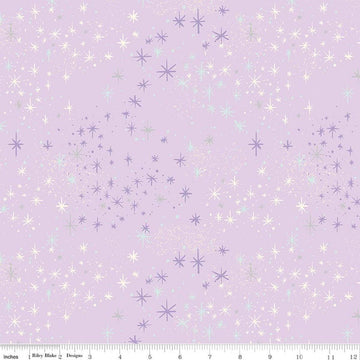 Image of Wishes Magic Vanity Sparkle quilting cotton fabric by Jill Howarth for Riley Blake Designs. Features stars on a purple background. Cute Little Fabric Shop.