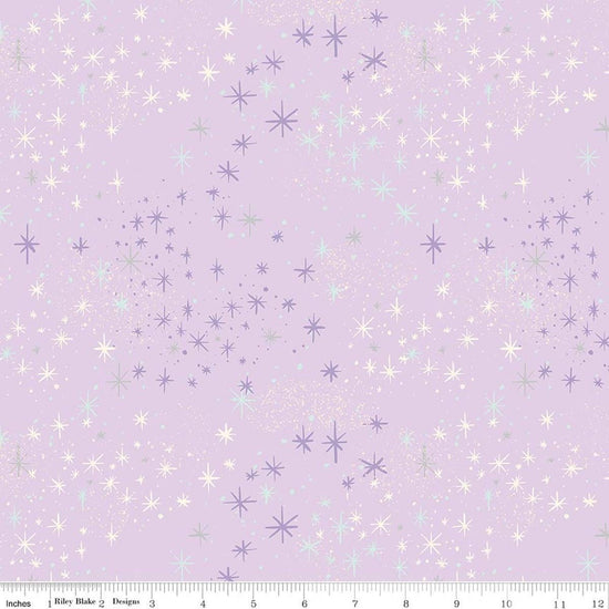 Image of Wishes Magic Vanity Sparkle quilting cotton fabric by Jill Howarth for Riley Blake Designs. Features stars on a purple background. Cute Little Fabric Shop.