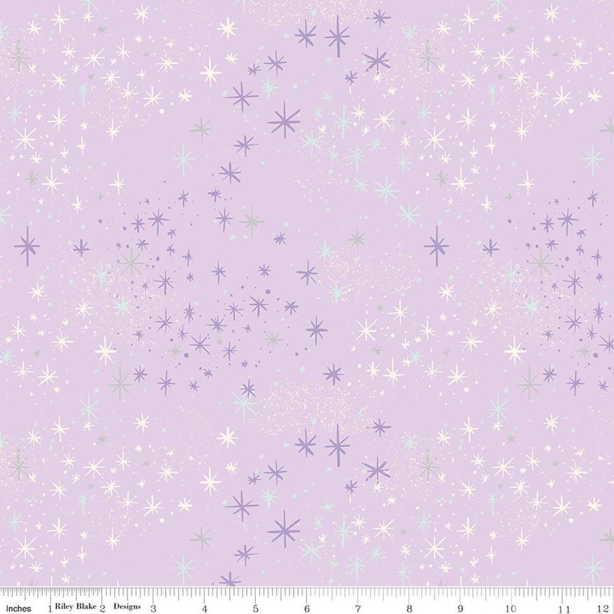 Image of Wishes Magic Vanity Sparkle quilting cotton fabric by Jill Howarth for Riley Blake Designs. Features stars on a purple background. Cute Little Fabric Shop.