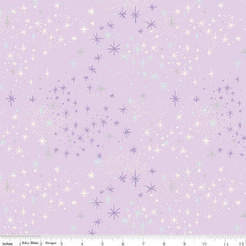 Image of Wishes Magic Vanity Sparkle quilting cotton fabric by Jill Howarth for Riley Blake Designs. Features stars on a purple background. Cute Little Fabric Shop.