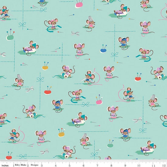 Image of Wishes Workers Songbird Sparkle quilting cotton fabric by Jill Howarth for Riley Blake Designs. Features mice on a blue background. Cute Little Fabric Shop.