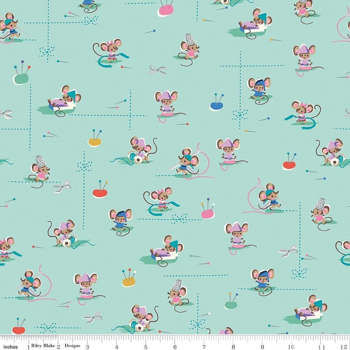 Image of Wishes Workers Songbird Sparkle quilting cotton fabric by Jill Howarth for Riley Blake Designs. Features mice on a blue background. Cute Little Fabric Shop.