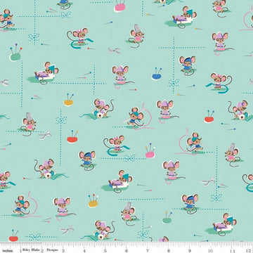 Image of Wishes Workers Songbird Sparkle quilting cotton fabric by Jill Howarth for Riley Blake Designs. Features mice on a blue background. Cute Little Fabric Shop.
