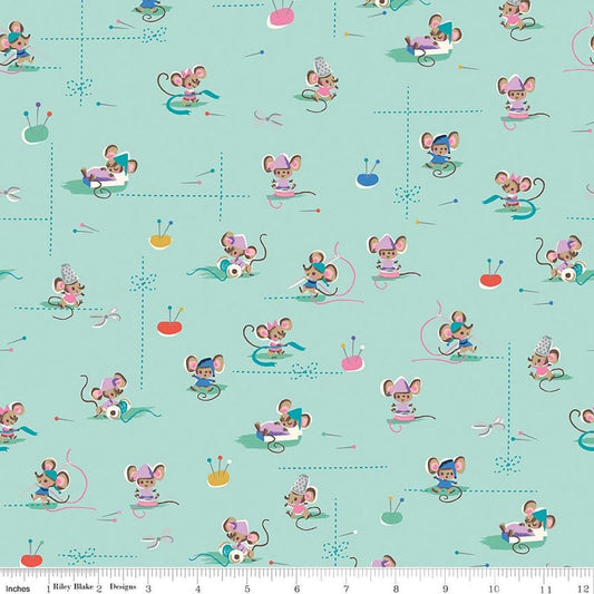 Image of Wishes Workers Songbird Sparkle quilting cotton fabric by Jill Howarth for Riley Blake Designs. Features mice on a blue background. Cute Little Fabric Shop.