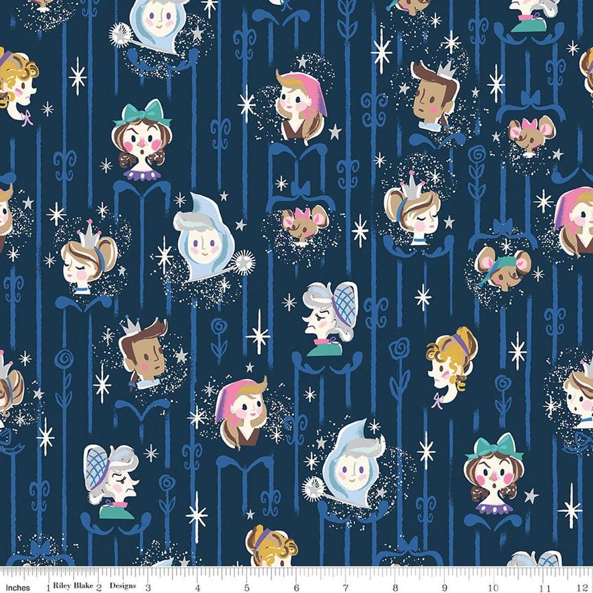 Image of Wishes Cast Riley Navy Sparkle quilting cotton fabric by Jill Howarth for Riley Blake Designs. Features Cinderella characters on a blue background. Cute Little Fabric Shop.