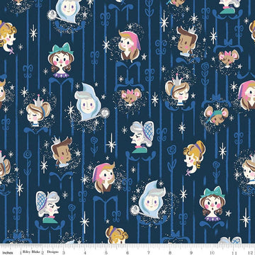 Image of Wishes Cast Riley Navy Sparkle quilting cotton fabric by Jill Howarth for Riley Blake Designs. Features Cinderella characters on a blue background. Cute Little Fabric Shop.