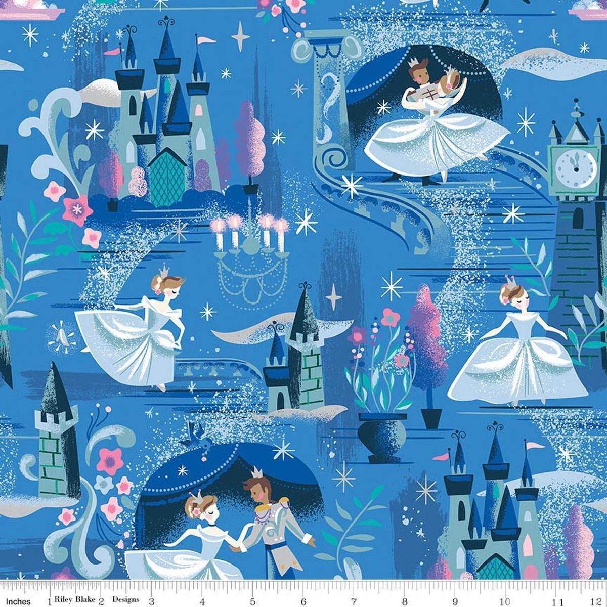 Image of Wishes The Ball Blueberry Sparkle quilting cotton fabric by Jill Howarth for Riley Blake Designs. Features Cinderella on a blue background. Cute Little Fabric Shop.