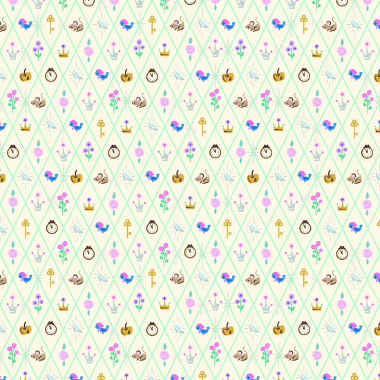 Image of Wishes Diamond Vintage White Sparkle quilting cotton fabric by Jill Howarth for Riley Blake Designs. Features Cinderella icons on a cream background. Cute Little Fabric Shop.