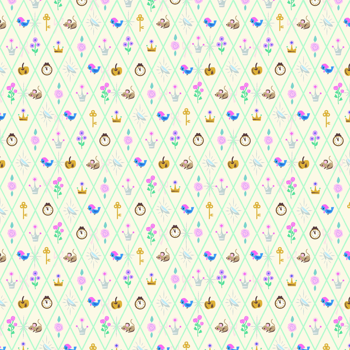 Image of Wishes Diamond Vintage White Sparkle quilting cotton fabric by Jill Howarth for Riley Blake Designs. Features Cinderella icons on a cream background. Cute Little Fabric Shop.
