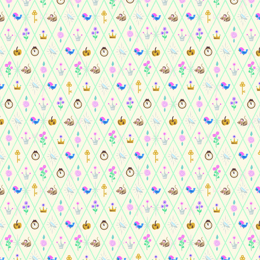 Image of Wishes Diamond Vintage White Sparkle quilting cotton fabric by Jill Howarth for Riley Blake Designs. Features Cinderella icons on a cream background. Cute Little Fabric Shop.