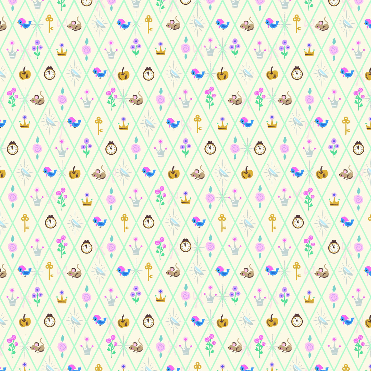 Image of Wishes Diamond Vintage White Sparkle quilting cotton fabric by Jill Howarth for Riley Blake Designs. Features Cinderella icons on a cream background. Cute Little Fabric Shop.