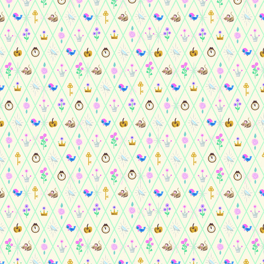 Image of Wishes Diamond Vintage White Sparkle quilting cotton fabric by Jill Howarth for Riley Blake Designs. Features Cinderella icons on a cream background. Cute Little Fabric Shop.