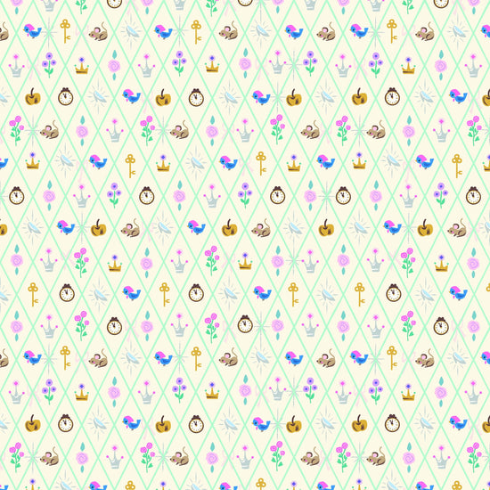 Image of Wishes Diamond Vintage White Sparkle quilting cotton fabric by Jill Howarth for Riley Blake Designs. Features Cinderella icons on a cream background. Cute Little Fabric Shop.