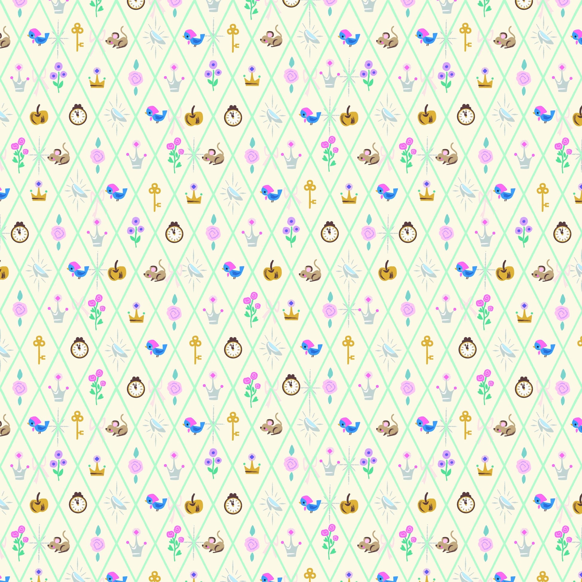 Image of Wishes Diamond Vintage White Sparkle quilting cotton fabric by Jill Howarth for Riley Blake Designs. Features Cinderella icons on a cream background. Cute Little Fabric Shop.