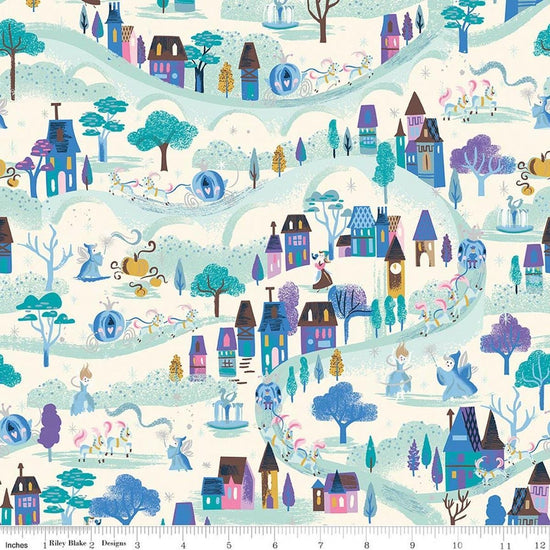 Image of Wishes Moonlight Vintage White Sparkle quilting cotton fabric by Jill Howarth for Riley Blake Designs. Features a town on a blue and white background. Cute Little Fabric Shop.