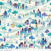Image of Wishes Moonlight Vintage White Sparkle quilting cotton fabric by Jill Howarth for Riley Blake Designs. Features a town on a blue and white background. Cute Little Fabric Shop.