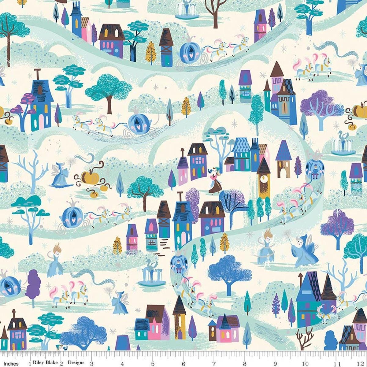 Image of Wishes Moonlight Vintage White Sparkle quilting cotton fabric by Jill Howarth for Riley Blake Designs. Features a town on a blue and white background. Cute Little Fabric Shop.