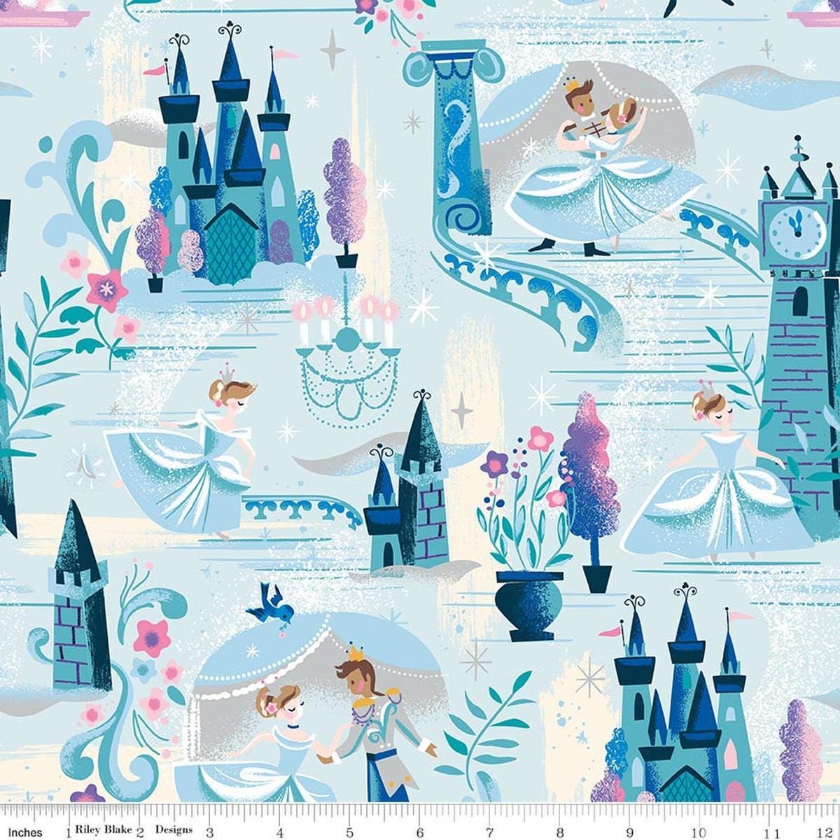 Image of Wishes The Ball Powder Sparkle quilting cotton fabric by Jill Howarth for Riley Blake Designs. Features Cinderella on a blue background. Cute Little Fabric Shop.