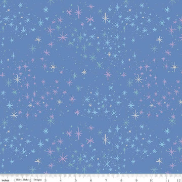Image of Wishes Magic Periwinkle Sparkle quilting cotton fabric by Jill Howarth for Riley Blake Designs. Features stars on a blue background. Cute Little Fabric Shop.