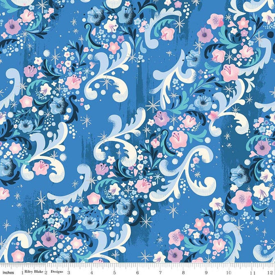 Image of Wishes Cindy's Flowers Blueberry Sparkle quilting cotton fabric by Jill Howarth for Riley Blake Designs. Features flowers on a blue background. Cute Little Fabric Shop.