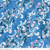 Image of Wishes Cindy's Flowers Blueberry Sparkle quilting cotton fabric by Jill Howarth for Riley Blake Designs. Features flowers on a blue background. Cute Little Fabric Shop.