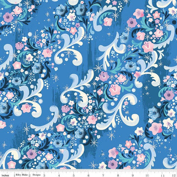 Image of Wishes Cindy's Flowers Blueberry Sparkle quilting cotton fabric by Jill Howarth for Riley Blake Designs. Features flowers on a blue background. Cute Little Fabric Shop.