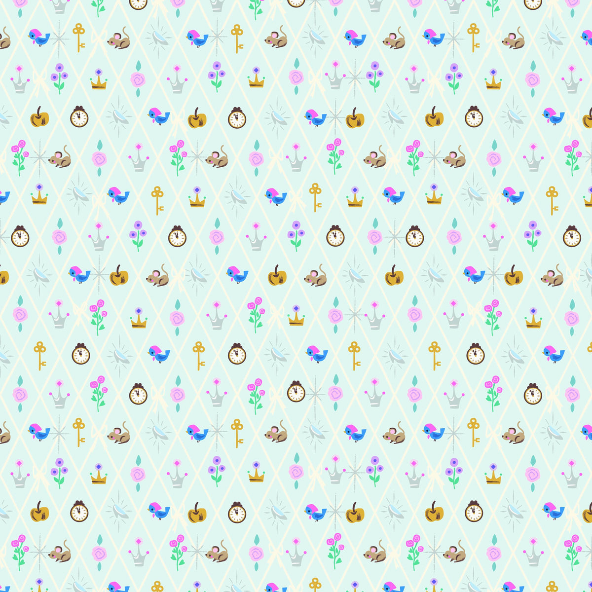Image of Wishes Diamond Powder Sparkle quilting cotton fabric by Jill Howarth for Riley Blake Designs. Features Cinderella icons on a blue background. Cute Little Fabric Shop.