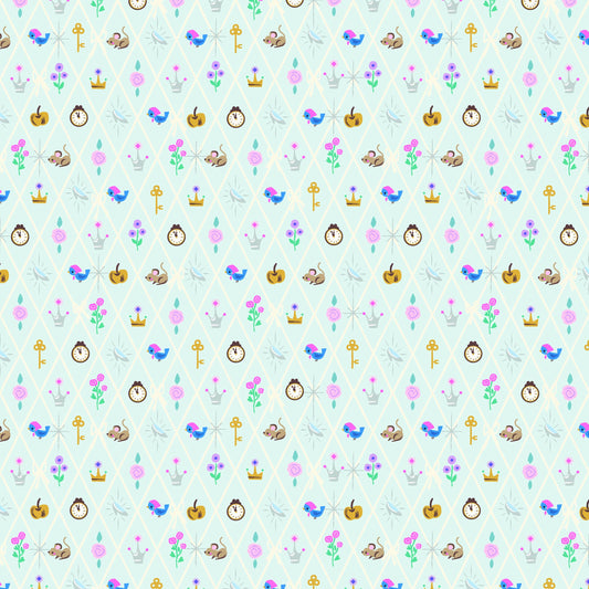 Image of Wishes Diamond Powder Sparkle quilting cotton fabric by Jill Howarth for Riley Blake Designs. Features Cinderella icons on a blue background. Cute Little Fabric Shop.