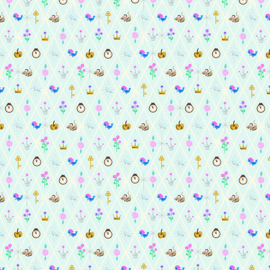Image of Wishes Diamond Powder Sparkle quilting cotton fabric by Jill Howarth for Riley Blake Designs. Features Cinderella icons on a blue background. Cute Little Fabric Shop.