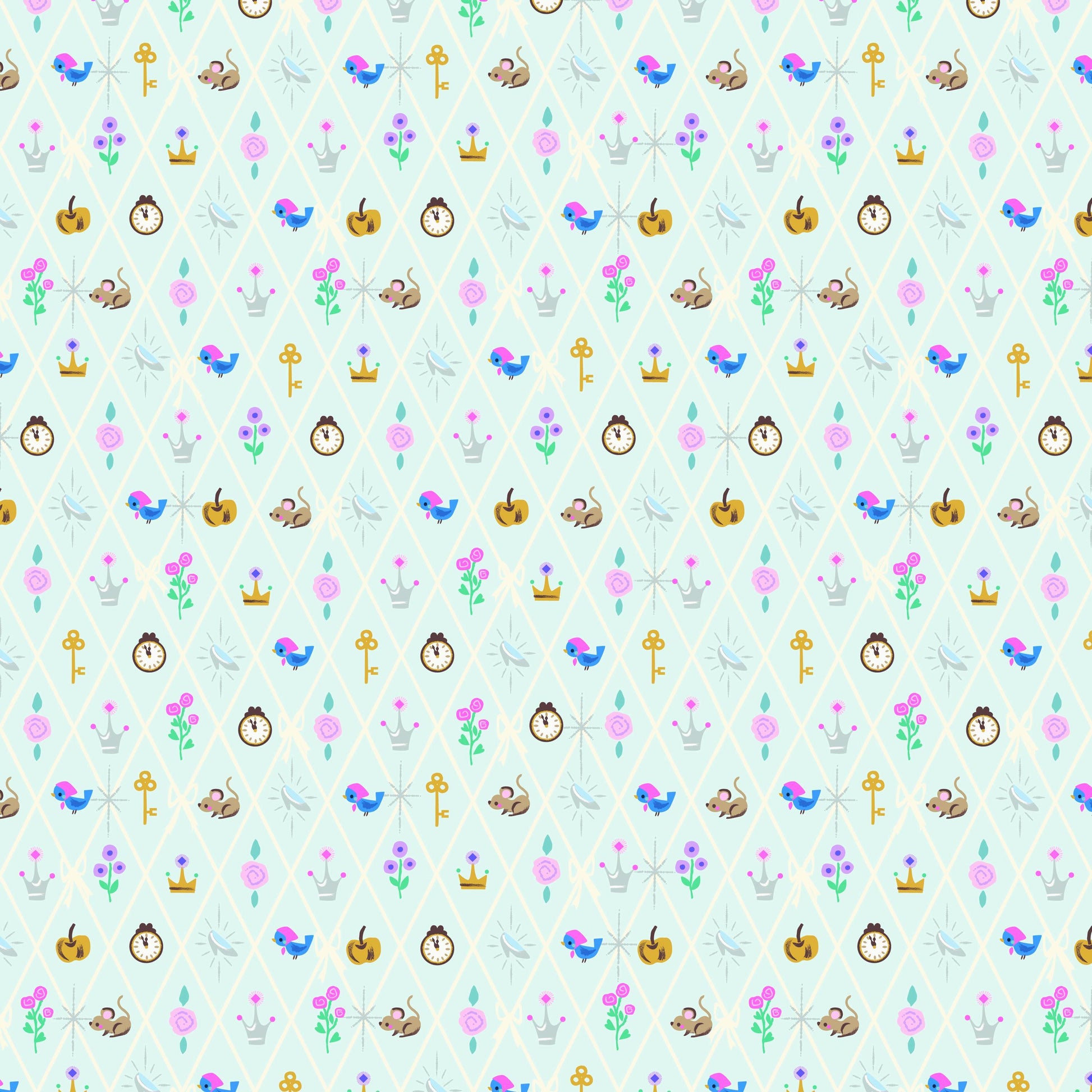 Image of Wishes Diamond Powder Sparkle quilting cotton fabric by Jill Howarth for Riley Blake Designs. Features Cinderella icons on a blue background. Cute Little Fabric Shop.