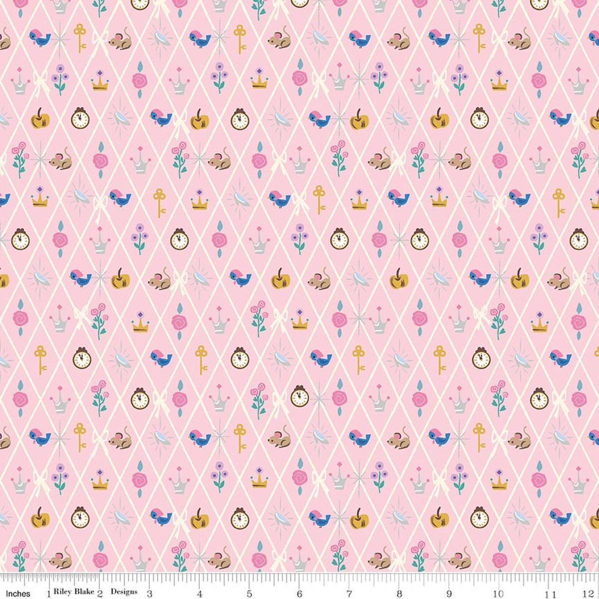 Image of Wishes Diamond Petal Pink Sparkle quilting cotton fabric by Jill Howarth for Riley Blake Designs. Features Cinderella icons on a pink background. Cute Little Fabric Shop.