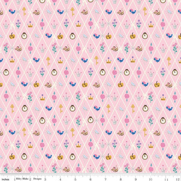 Image of Wishes Diamond Petal Pink Sparkle quilting cotton fabric by Jill Howarth for Riley Blake Designs. Features Cinderella icons on a pink background. Cute Little Fabric Shop.