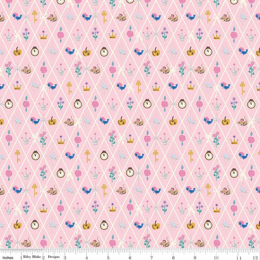 Image of Wishes Diamond Petal Pink Sparkle quilting cotton fabric by Jill Howarth for Riley Blake Designs. Features Cinderella icons on a pink background. Cute Little Fabric Shop.