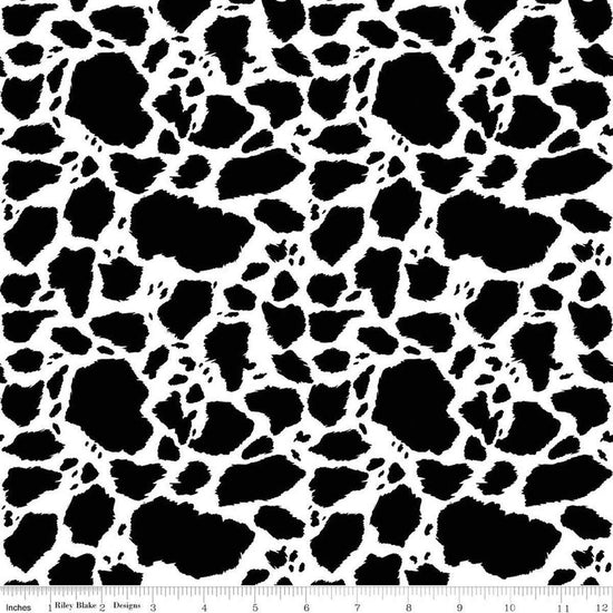 Image of The Homestead Cow Patches Black quilting cotton fabric by Tara Reed for Riley Blake Designs. Features cow print on a black and white background. Cute Little Fabric Shop.