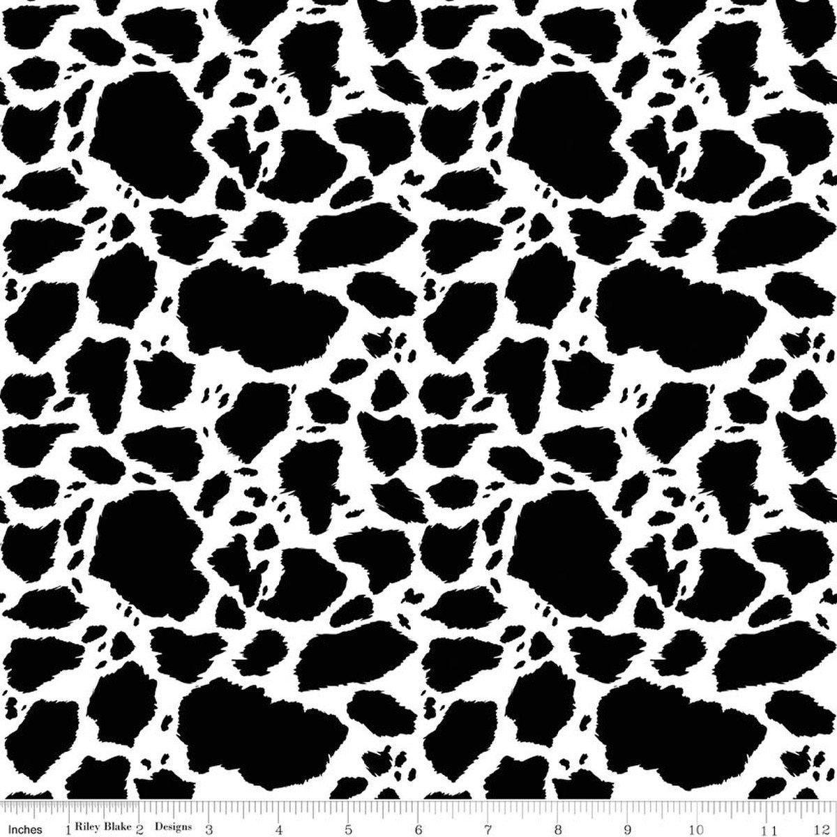 Image of The Homestead Cow Patches Black quilting cotton fabric by Tara Reed for Riley Blake Designs. Features cow print on a black and white background. Cute Little Fabric Shop.
