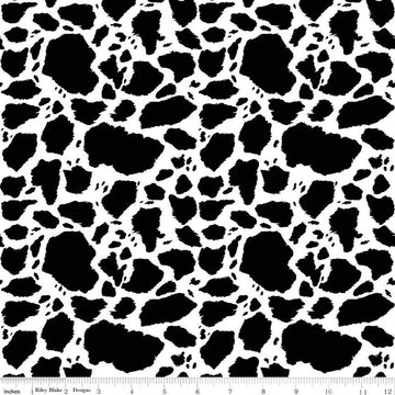 Image of The Homestead Cow Patches Black quilting cotton fabric by Tara Reed for Riley Blake Designs. Features cow print on a black and white background. Cute Little Fabric Shop.