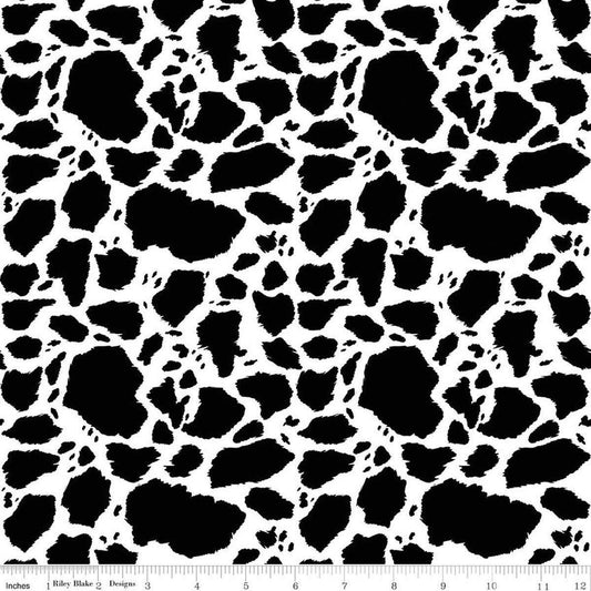 Image of The Homestead Cow Patches Black quilting cotton fabric by Tara Reed for Riley Blake Designs. Features cow print on a black and white background. Cute Little Fabric Shop.