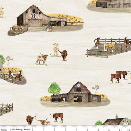 Image of The Homestead Main Cream quilting cotton fabric by Tara Reed for Riley Blake Designs. Features farm buildings on a white background. Cute Little Fabric Shop.