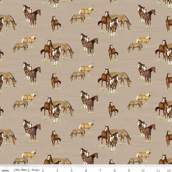 Image of The Homestead Horses Tan quilting cotton fabric by Tara Reed for Riley Blake Designs. Features horses on a brown background. Cute Little Fabric Shop.