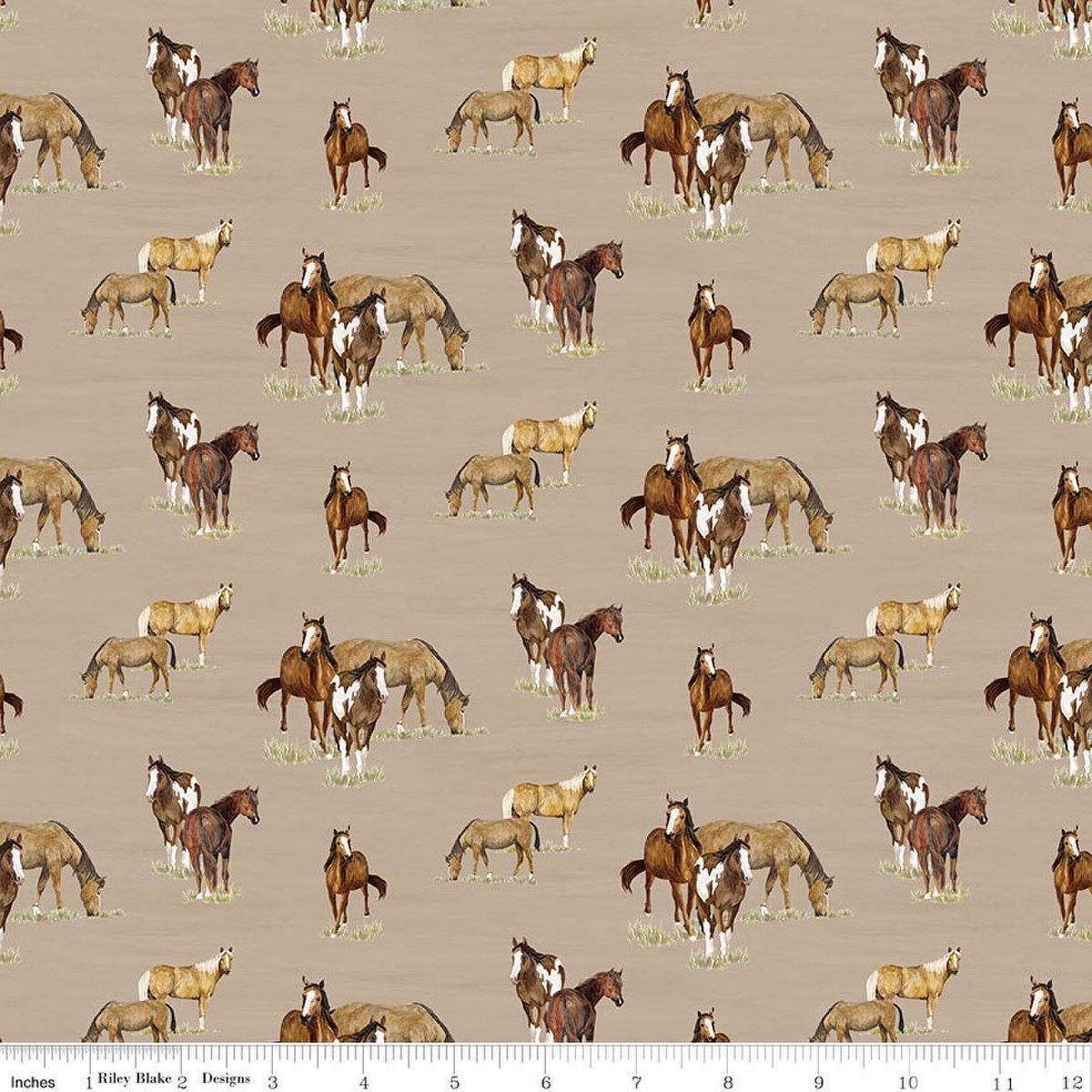 Image of The Homestead Horses Tan quilting cotton fabric by Tara Reed for Riley Blake Designs. Features horses on a brown background. Cute Little Fabric Shop.