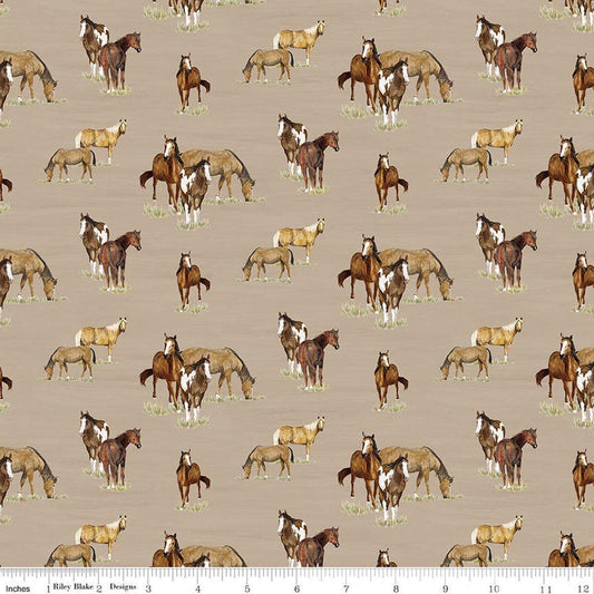 Image of The Homestead Horses Tan quilting cotton fabric by Tara Reed for Riley Blake Designs. Features horses on a brown background. Cute Little Fabric Shop.