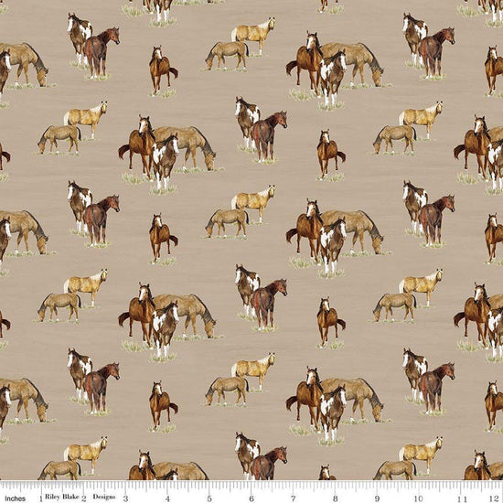 Image of The Homestead Horses Tan quilting cotton fabric by Tara Reed for Riley Blake Designs. Features horses on a brown background. Cute Little Fabric Shop.