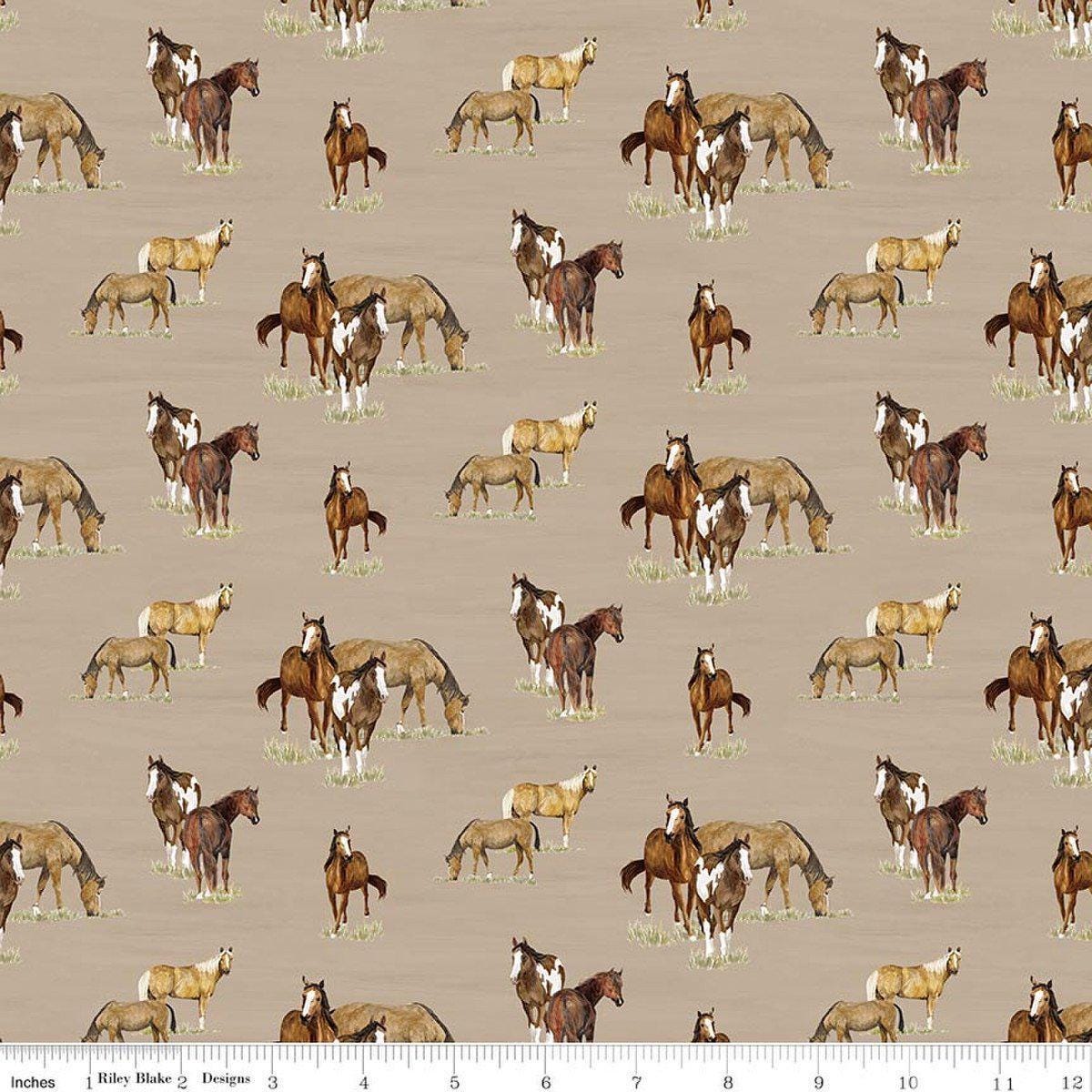 Image of The Homestead Horses Tan quilting cotton fabric by Tara Reed for Riley Blake Designs. Features horses on a brown background. Cute Little Fabric Shop.